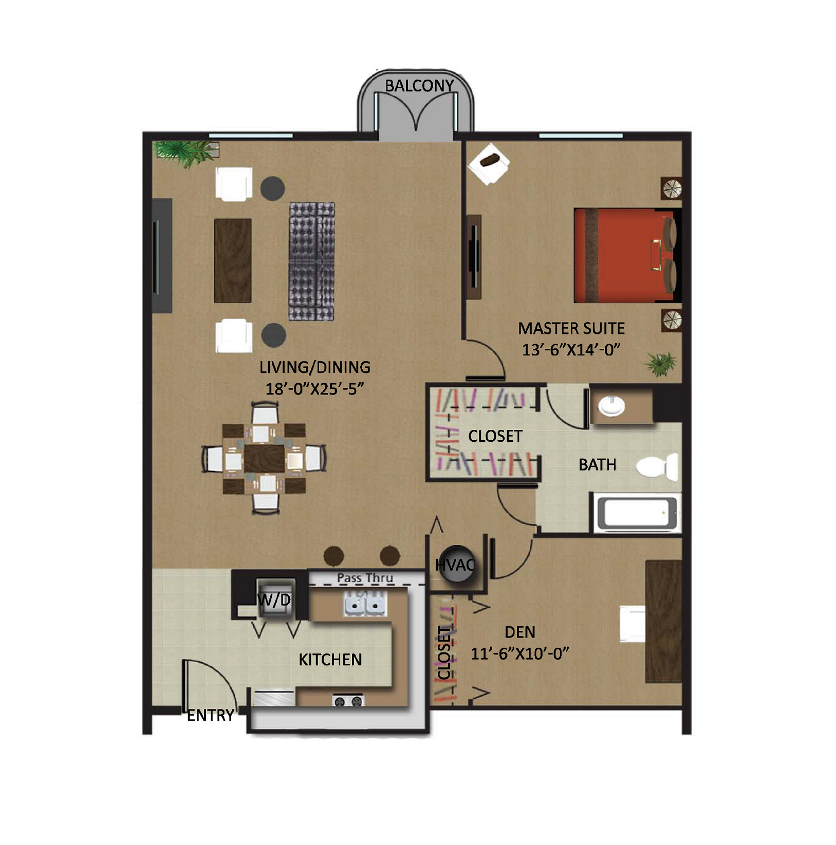 Floor plan for 1 bed, 1 bath, 1048 sqft